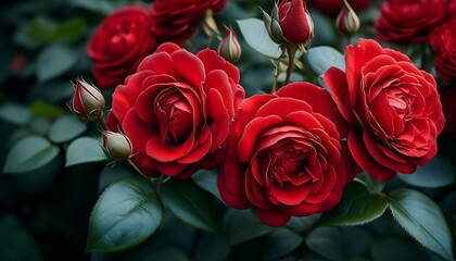 Wall Mural - red garden shrub roses in bloom, closeup shot- 67728