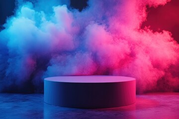Poster - Circular Platform in Blue and Pink Neon Smoke Clouds