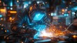 © HuynhThiThuy - A sci-fi inspired welding scene, a futuristic technician fusing a high-tech alloy, electric blue sparks flashing as energy pulses through the machinery, ultra-realistic lighting, cyberpunk atmosphere.