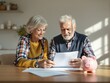 © AleBo - Elderly couple smiling while checking financial papers at home, sunlight streaming in. Piggy bank on table symbolizes savings and financial planning. Ai generative
