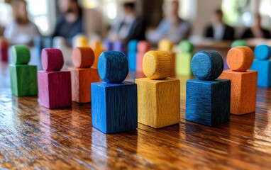 Aufkleber - Wooden table with colorful blocks and people icons, representing human resources management, employee engagement, and collaboration in a dynamic, professional workspace