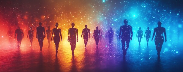 Poster - Connected human silhouettes forming a digital social network representing business relationships