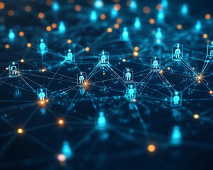 Poster - Futuristic human resources management concept with a network of diverse professionals, seamlessly connected through digital nodes, emphasizing recruitment and global collaboration