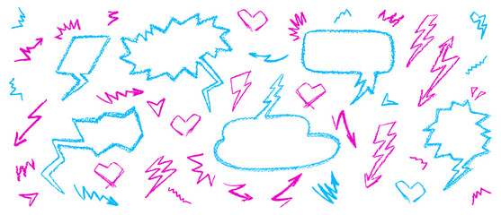 Wall Mural - crayon drawing speech buble set with graffiti style hearts and arrows. collection of hand drawn chal
