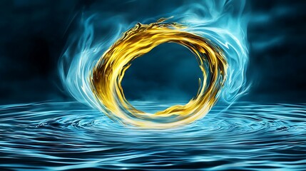 Wall Mural - A swirling golden and blue vortex above a reflective water surface, creating a mystical and dynamic visual effect. liquid gold precious refined concept