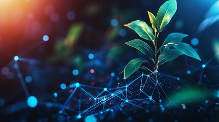 Wall Mural - vibrant green plant growing digital network technology web blue dark data stem