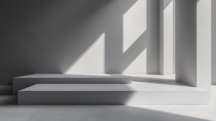 Aufkleber - Minimalist TwoTiered White Platform Display with Sunlit Shadows and Architectural Elements
