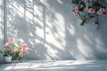 Aufkleber - Serene Minimalist Room Decor with Pink Roses and Sunlight Shadows