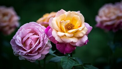 Wall Mural - garden rose flowers of mauve pink and yellow colors on dark green background blooming in summer rose