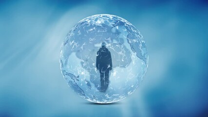 Wall Mural - looped 3d digital earth planet with man silhouette motion background.