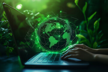 Wall Mural - Net Zero and Green Technology Concept. Professional Using Digital Platform to Manage Environmental Goals, Emphasizing Carbon Neutrality, Climate Action, and Sustainable Business Practices