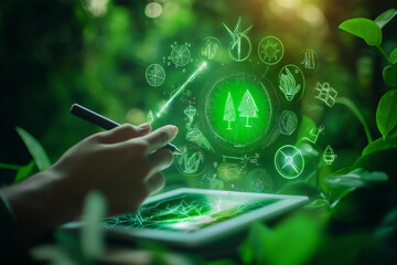 Wall Mural - net zero and sustainable energy solutions, a businessman uses a digital pen to interact with hologra