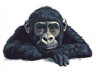 Wall Mural - a playful little gorilla tilting its head curiously, its tiny hands resting on the ground, designed 