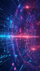 Fototapete - Abstract Futuristic Technology Background with Glowing Lines and Digital Data Stream