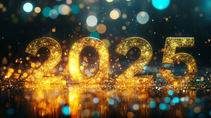 Wall Mural - golden numbers 2025 shining brightly with colorful bokeh lights