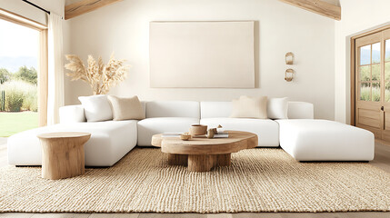 Fototapete - A serene, modern living room featuring a white sectional sofa, wooden coffee table, and natural decor, creating a cozy atmosphere with ample natural light