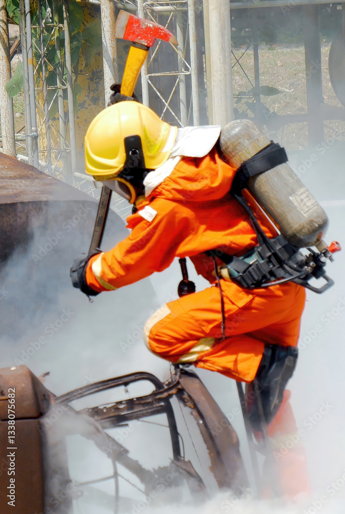 Fotografie Vertical Horizon Firefighter Rescue training in fire ...