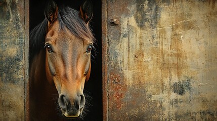 Canvas Print - a striking portrait of a horse peering out from its stall, its deep eyes full of quiet wisdom, the w