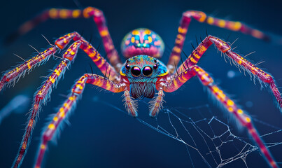 Vibrant Colorful Spider on Web in Macro Photography