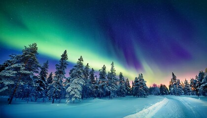 northern lights aurora borealis lapland finland landscape at night winter wonderland scandinavian co