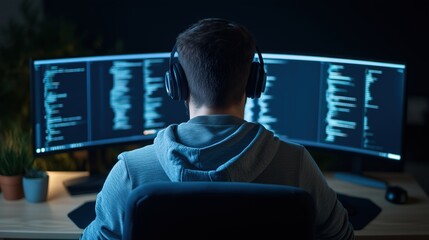 Software developer working at night with multiple screens displaying code. Programming and cybersecurity