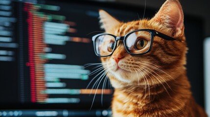 Orange tabby cat wearing glasses, coding on a computer screen. Use for humorous tech, coding, or animal-related projects.