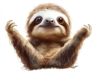 Wall Mural - a whimsical vector sloth sitting with tiny arms outstretched, its big eyes and soft shapes making it