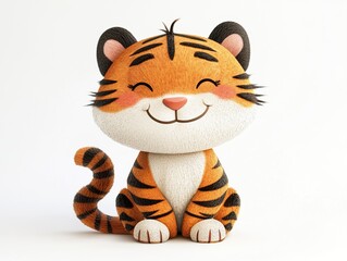 Wall Mural - a whimsical vector tiger sitting with a big grin, its fluffy tail wrapped around its body, designed 