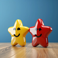 Aufkleber - Two colorful star shaped figures with smiley faces, one yellow and one red, sit on wooden surface against blue background. playful expressions convey sense of joy and positivity