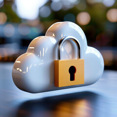 Poster - cloud shaped object with padlock symbolizes secure data storage, emphasizing cybersecurity and protection. blurred background adds modern, tech focused atmosphere