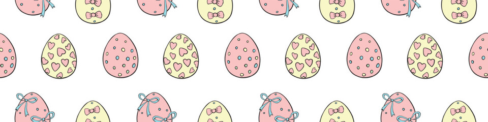 Wall Mural - Vector seamless pattern with colorful Easter eggs. Hand drawn doodle, holiday backgrounds and textures with decorative elements