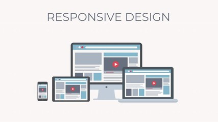 Flat animated illustration of responsive web design, showing different devices such as smartphones, tablets, and computers. .