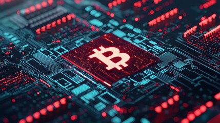 Digital circuit board featuring a Bitcoin symbol and vibrant colors.