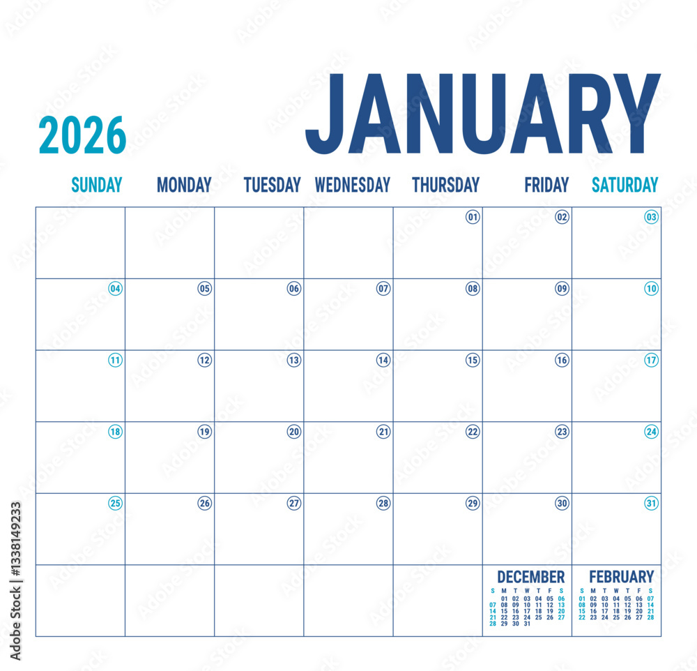 Planner January 2026 year. English calendar template. Vector square