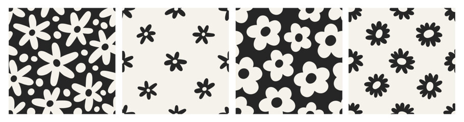 Fototapete - Seamless daisies patterns set. Groovy flower blossom, feminine floral print, endless repeating background, simple texture for black and white textile, fabric design. Flat vector illustration