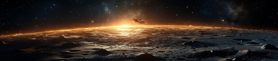 Wall Mural - Glowing Spacecraft Orbiting the Moon in a Deep Space Background. Generative AI