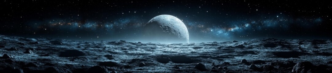 Wall Mural - The Moon's Surface and the Starry Sky with the Earth Visible in the Distance. Generative AI