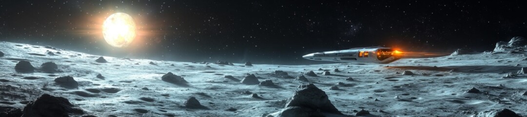 Wall Mural - Sci-Fi Scene with Spaceship Orbiting the Moon. Generative AI