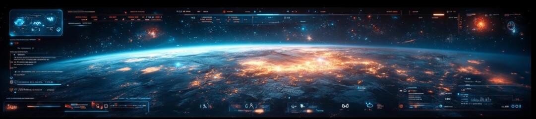 Wall Mural - Stunning Panoramic View of Earth from Space with Futuristic Interface. Generative AI