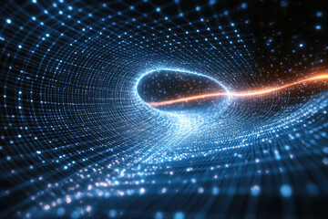 Poster - A mesmerizing digital tunnel of glowing particles and lines, creating a futuristic and abstract scene.