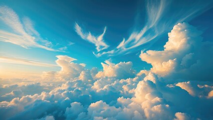 Wall Mural - Blue sky and white clouds drifted in the atmosphere on a clear day with warm sunlight paired with a cool breeze against the body creating a refreshingly miraculous experience akin to paradise.