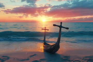 Wall Mural - Wooden boat with crosses sits on sandy beach during a colorful sunset. Perfect for use to show faith, peace, spirituality and contemplation.