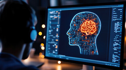 mid range shot of a graphic designer at work with computer displaying digital brain interface for in