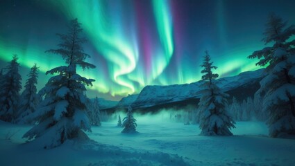 Aurora borealis above the frozen forest. Green northern lights over mountains. Nighttime nature scene with polar lights. Night winter scenery featuring aurora.