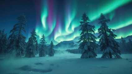 Aurora borealis above the icy forest. Green northern lights over the mountains. Nighttime nature scenery featuring polar lights. Winter night landscape with aurora.