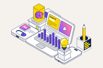 Wall Mural - modern isometric concept of learning and reading books. online education landing page template. trai
