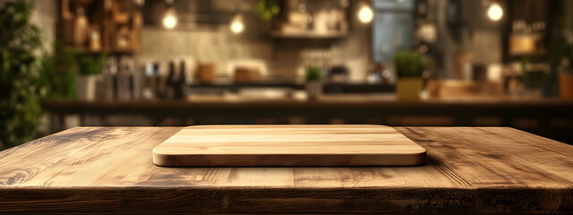 Wooden kitchen table with an empty rectangular wooden cheese board on a blurred background