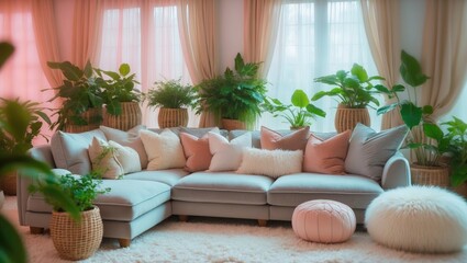 Fototapete - Blurred background of a cozy living room showcasing a light grey sectional sofa, soft cushions, and a collection of indoor plants that contribute to a fresh and welcoming ambiance.