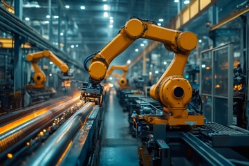 Fototapete - Robotic arms working on assembly line in modern factory