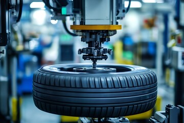 Fototapete - Robotic arm assembling car tire in automated production line